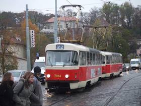プラハの市内を走るレトロな赤い色のトラム