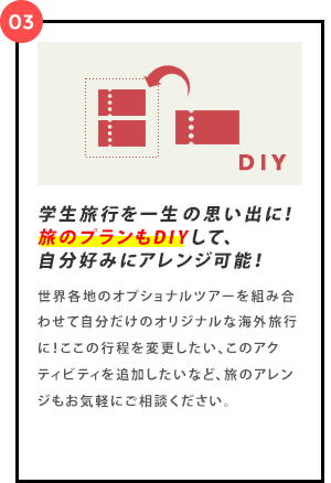 世界各地のオプショナルツアーを組み合わせて自分だけのオリジナルな海外旅行に！ここの行程を変更したい、このアクティビティを追加したいなど、旅のアレンジもお気軽にご相談ください。