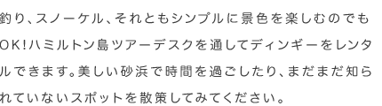 釣り、スノーケル、それともシンプルに景色を楽しむのでもOK!ハミルトン島ツアーデスクを通してディンギーをレンタルできます。美しい砂浜で時間を過ごしたり、まだまだ知られていないスポットを散策してみてください。